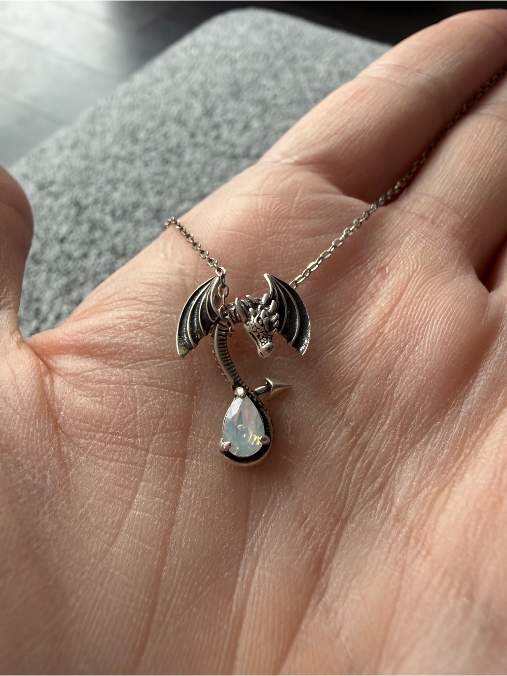 Dragon Pendant Necklace with Opalescent Teardrop - Silver